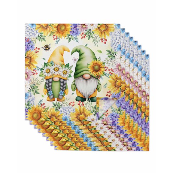 Yellow Sunflowers Cloth Napkins Set of 8 Reusable Dinner Napkins, Spring Gnomes Hydrangea Daisy Plants Cocktail Napkin Washable Table Napkins for Wedding/Holiday Party/Baby Shower 20"x20"
