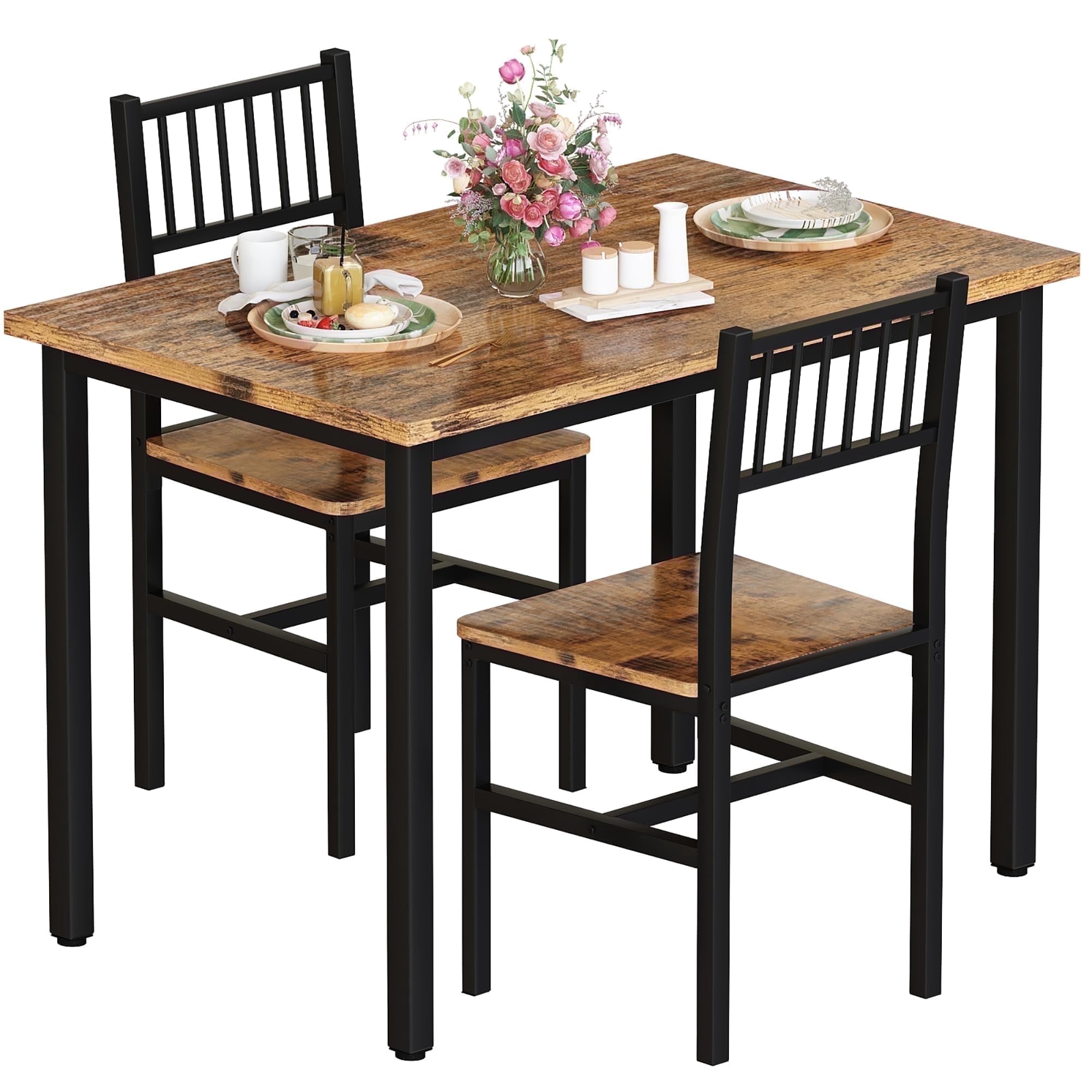 MIERES 3 Piece Dining Table Set, Industrial Kitchen Table and 2 Chairs with Metal Frame, Dining Room Table Set, Breakfast Table Set for Small Space, Dining Room, Kitchen, Rustic Brown