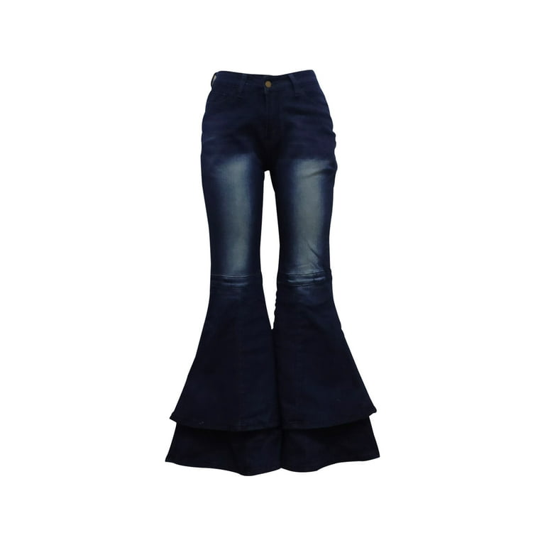 Women's Flare Jeans Pleated Layered Ruffle Bell Hem Cute Wide Leg Denim  Pants Black at  Women's Jeans store