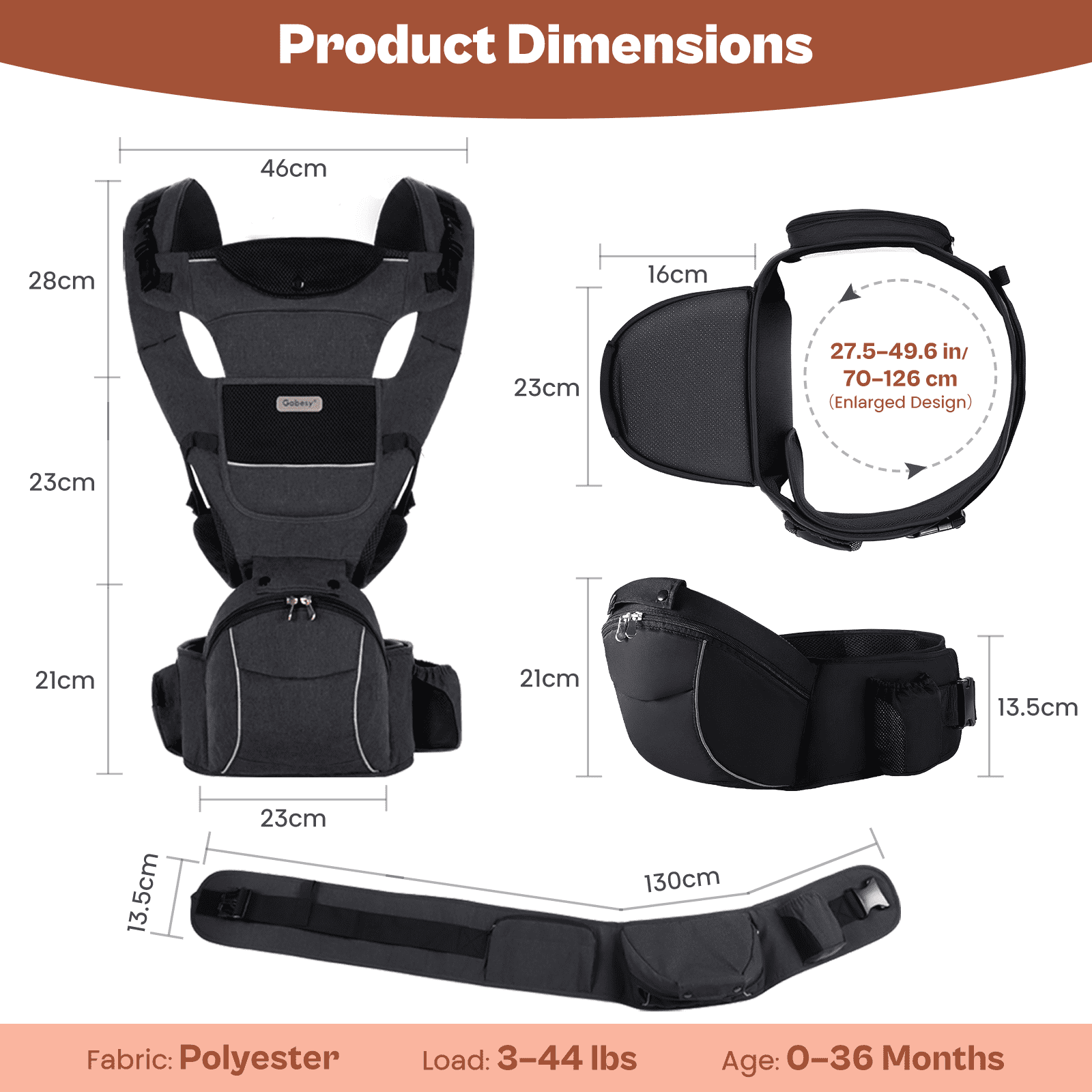 Baby Carrier with Hip Seat Ergonomic M Position 6-in-1 Baby Wraps Carrier Adjustable Holder Newborn to Toddler with Head Support and Breathable Mesh, Black