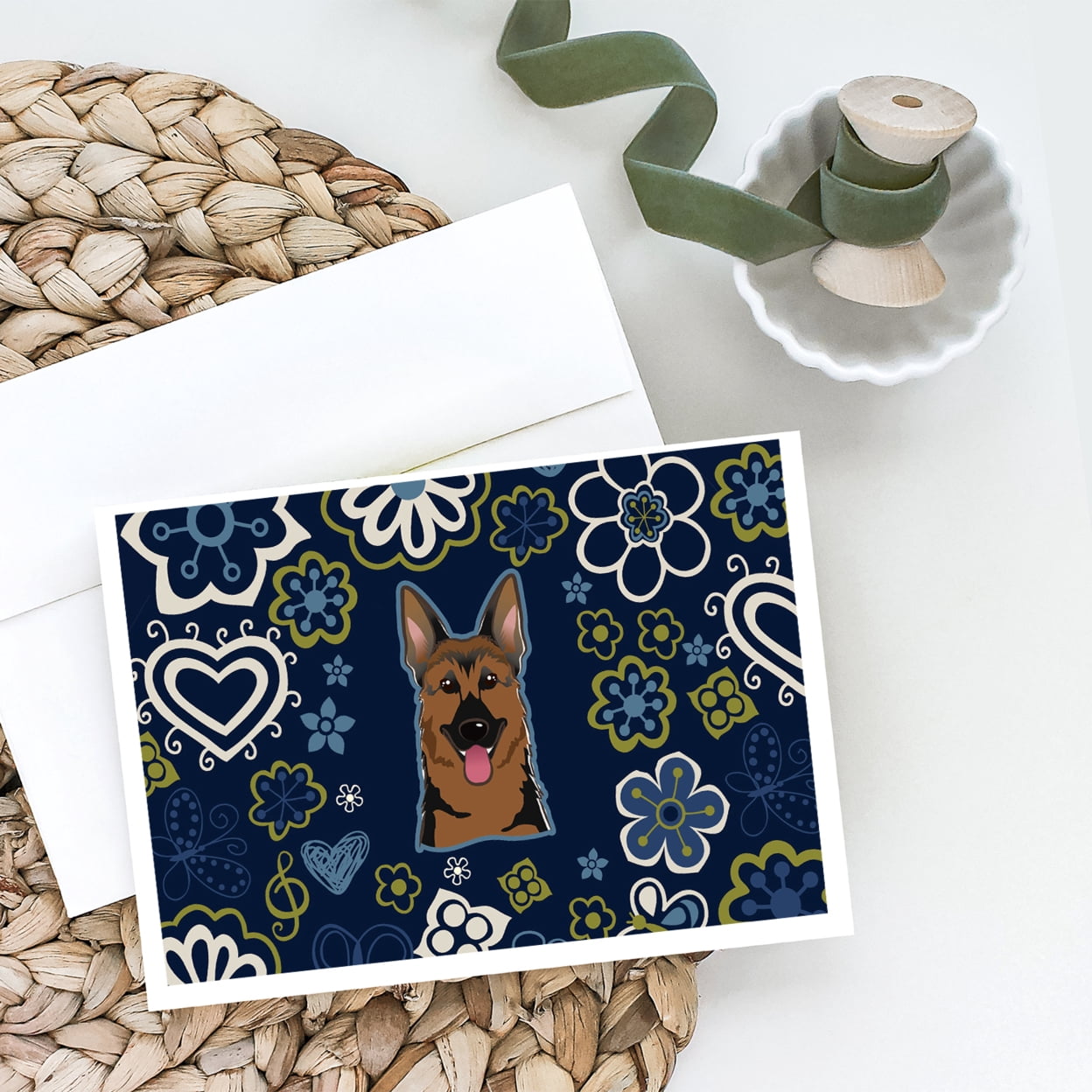 Carolines Treasures BB5062GCA7P Blue Flowers German Shepherd Greeting Cards and Envelopes Pack of 8 7 x 5 multicolor
