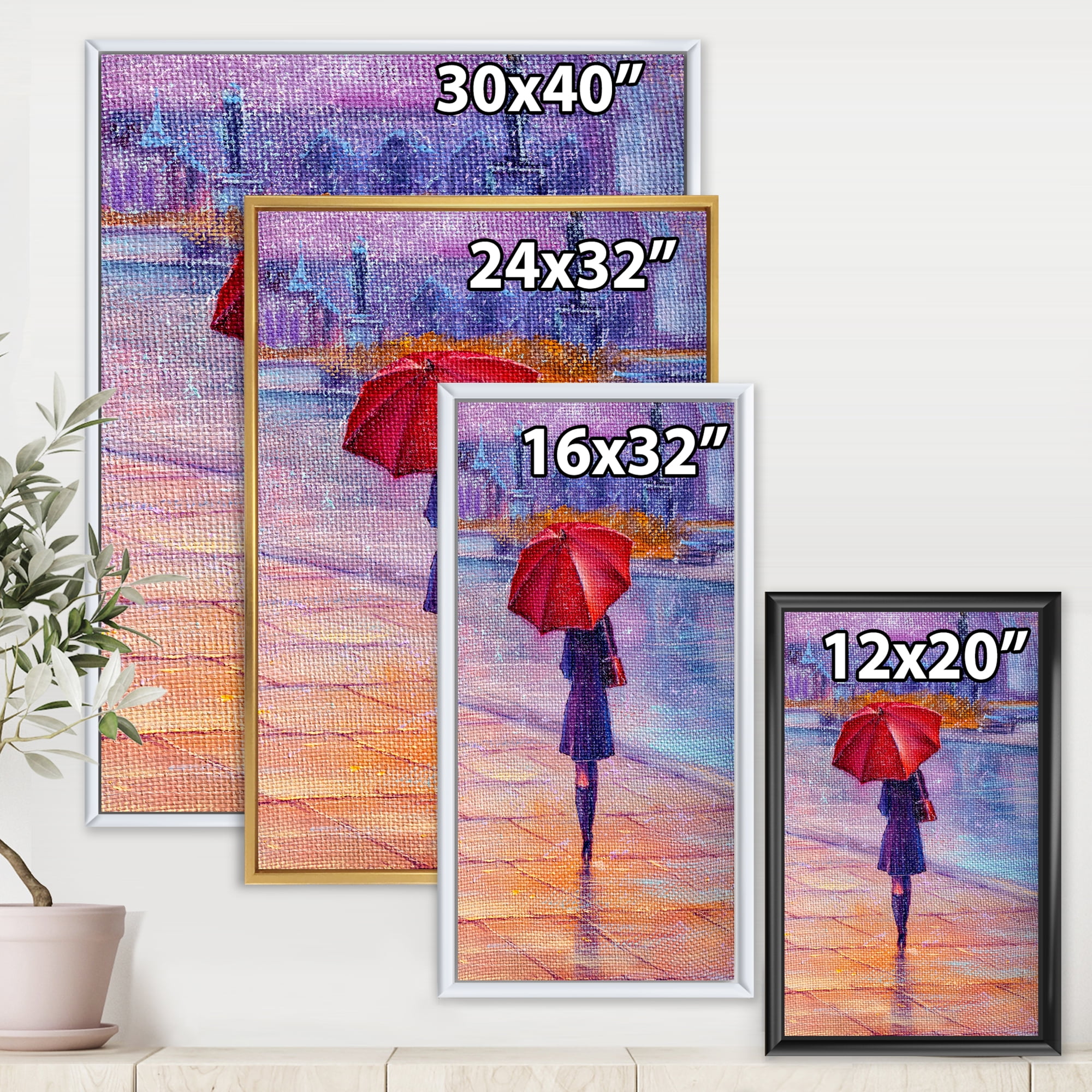 Designart 'Girl Walking With Red Umbrella Under The Rain' French Country Framed Canvas Wall Art Print