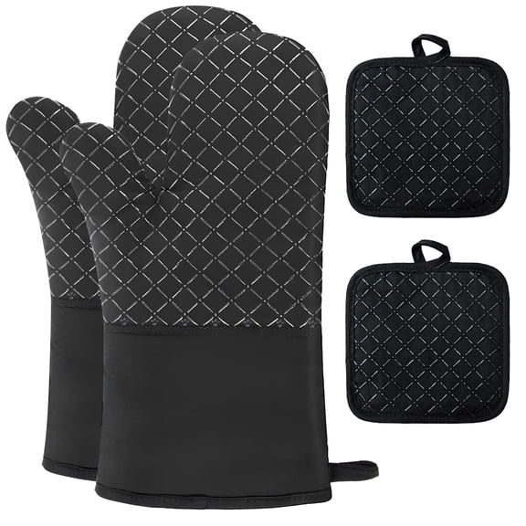 GARITIN Oven Mitts and Pot Holders Set, Heat Resistant Kitchen Oven Gloves with Non-Slip Silicone Surface, Extra Long Protection for Baking, Grilling, Cooking, Black
