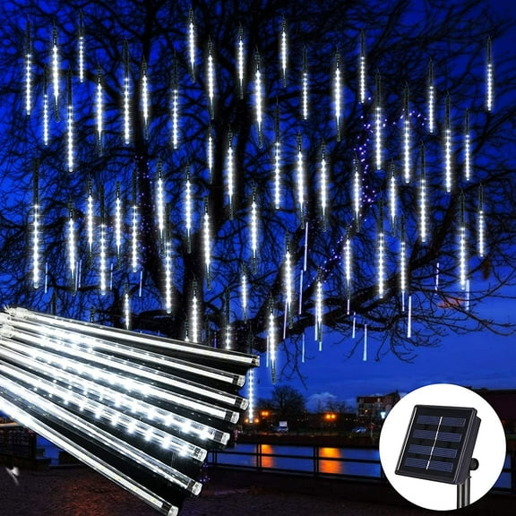Solar Meteor Shower Rain Lights Outdoor, Waterproof Meteor Lights 8 Tubes 144 LED, Falling Raindrop Fairy String Lights for Tree Holiday Porch Yard Patio Roof Party Christmas Decoration ,Cool White