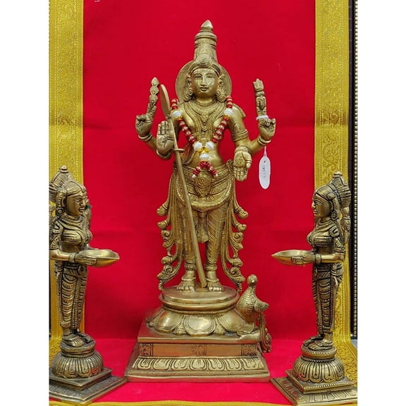 Lord Murugan Statue Karthikeya Brass Statue Murugan Swamy in Brass Lord Murugan with Peacock Statue Subramanya Shanmukha Murugan Murti Decor - AtoZ India Cart