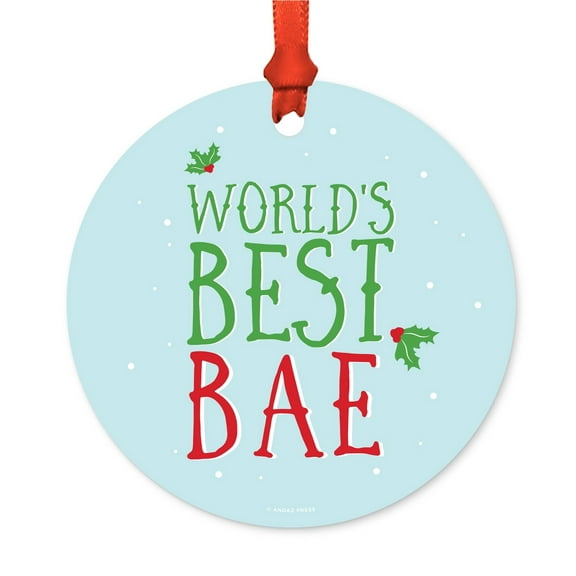 Funny Metal Christmas Ornament, World's Best Bae, Holiday Mistletoe, Includes Ribbon and Gift Bag