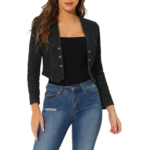Chaqueta de mezclilla recortada INSPIRE CHIC para mujer, bolero casual sin cuello y de frente abierto, color negro