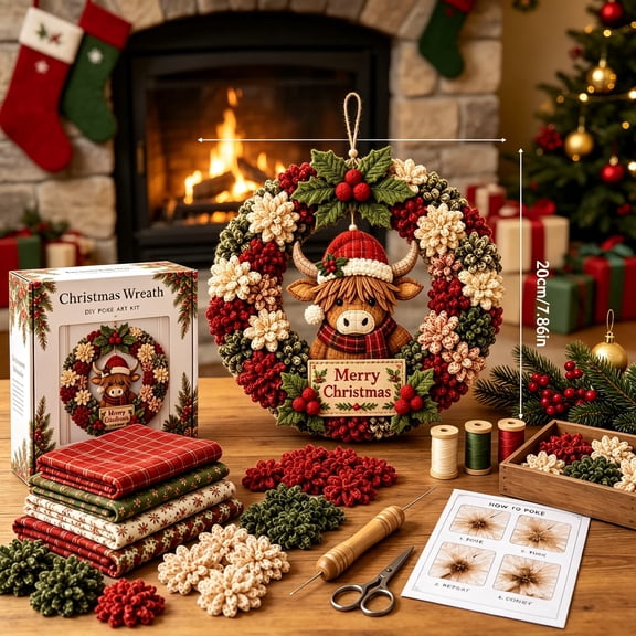 3D Fabric Poke Christmas Wreath DIY Kit, Highland Cow Pattern Punch Needle Craft Set, No-Sew Pre-Punched Wreath Making Kit for Adults, Christmas Door Wall Decoration & Festive Gift
