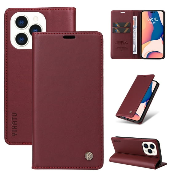 TECH CIRCLE Case For iPhone 13 6.1 inch,Luxury 360 Protection Shockproof Soft TPU Solid Color PU Leather Magnetic Closure Flip Wallet Credit Card Kickstand Cover.For iPhone 13,Winered