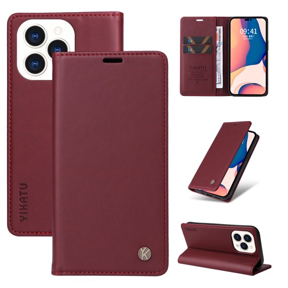 Wallet Case for iPhone 14 Pro Max, Business Style PU Leather Magnetic Adsorption Flip Folio Cover with Kickstand Card Slots Cash Holder Soft Silicone Shockproof Protective Case,Winered