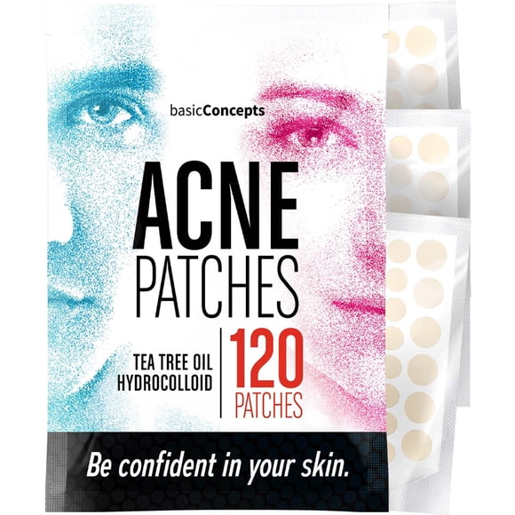 BASIC CONCEPTS Parches para espinillas para la cara (paquete de 120) Parche hidrocoloide con aceite de árbol de té - Parche para espinillas y pegatinas para espinillas - Parches hidrocoloides para acn