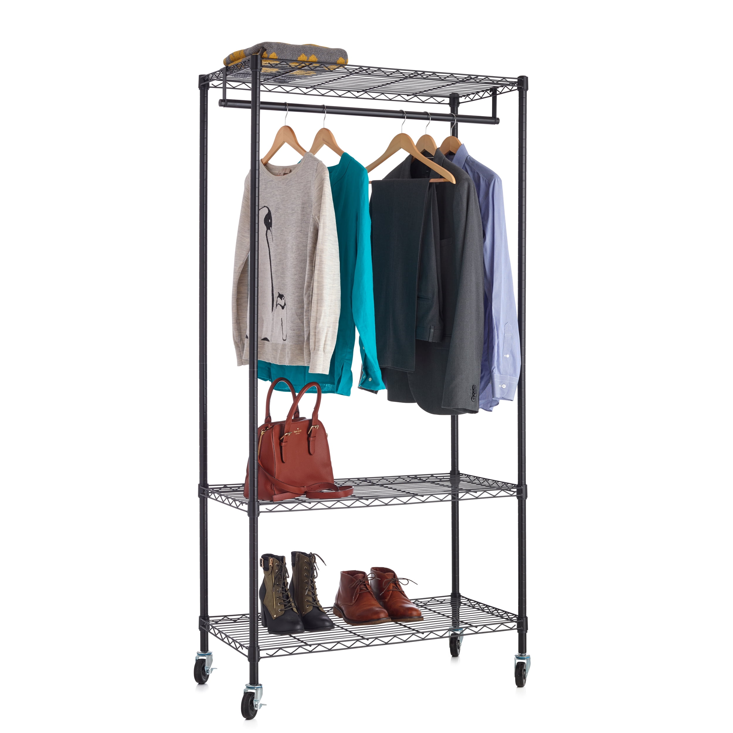 HSS 3Tier Wire Shelf Garment Rack with Casters 18"Dx36"Wx73"H Black