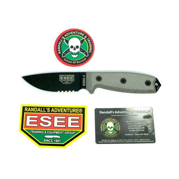ESEE 3S-KO Fixed Blade Knife Black Serrated 1095 Carbon Steel & Gray G10 Knives w/o Sheath