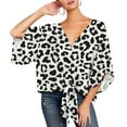 thumbnail image 3 of Women's V Neck Blouse Cotton Flowy Baggy Tie Waist Top Floral Boho Shirt Soft Peasant Short Sleeve Casual Fashion Loose Fit White Leopard 24, 3 of 4
