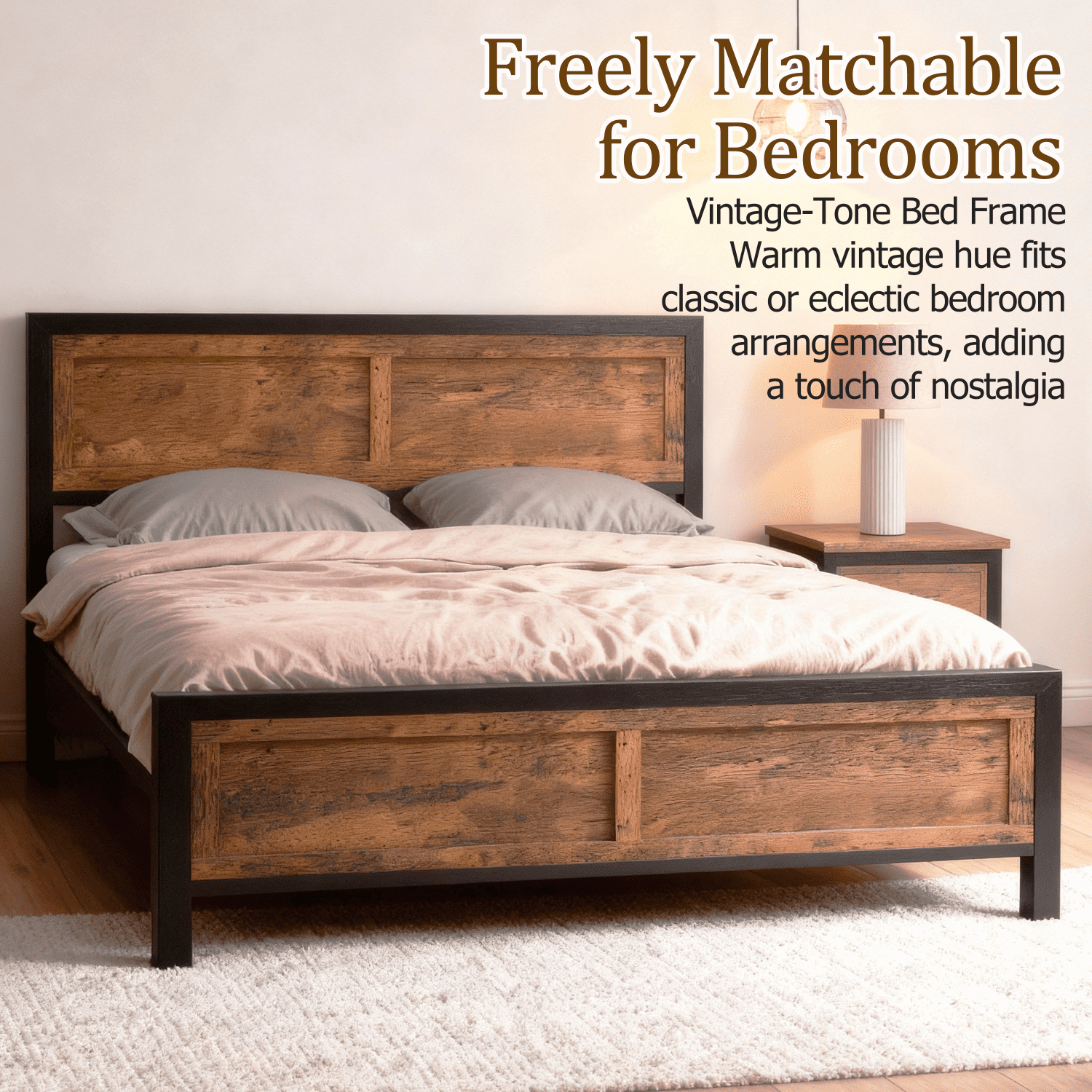 Vipbear Brown Sturdy Heavy-Duty Metal Queen Size Bed Frame With Headboard And Footboard, 10in Under-Bed Storage,Concealed Screw,Quiet,Easy To Assemble
