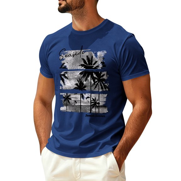 Sewkxo Mens Hawaiian Short Sleeve T-Shirts Graphic Crew Neck Casual Shirt Summer Beach Palm Tree Printed Vintage Tees,Navy L
