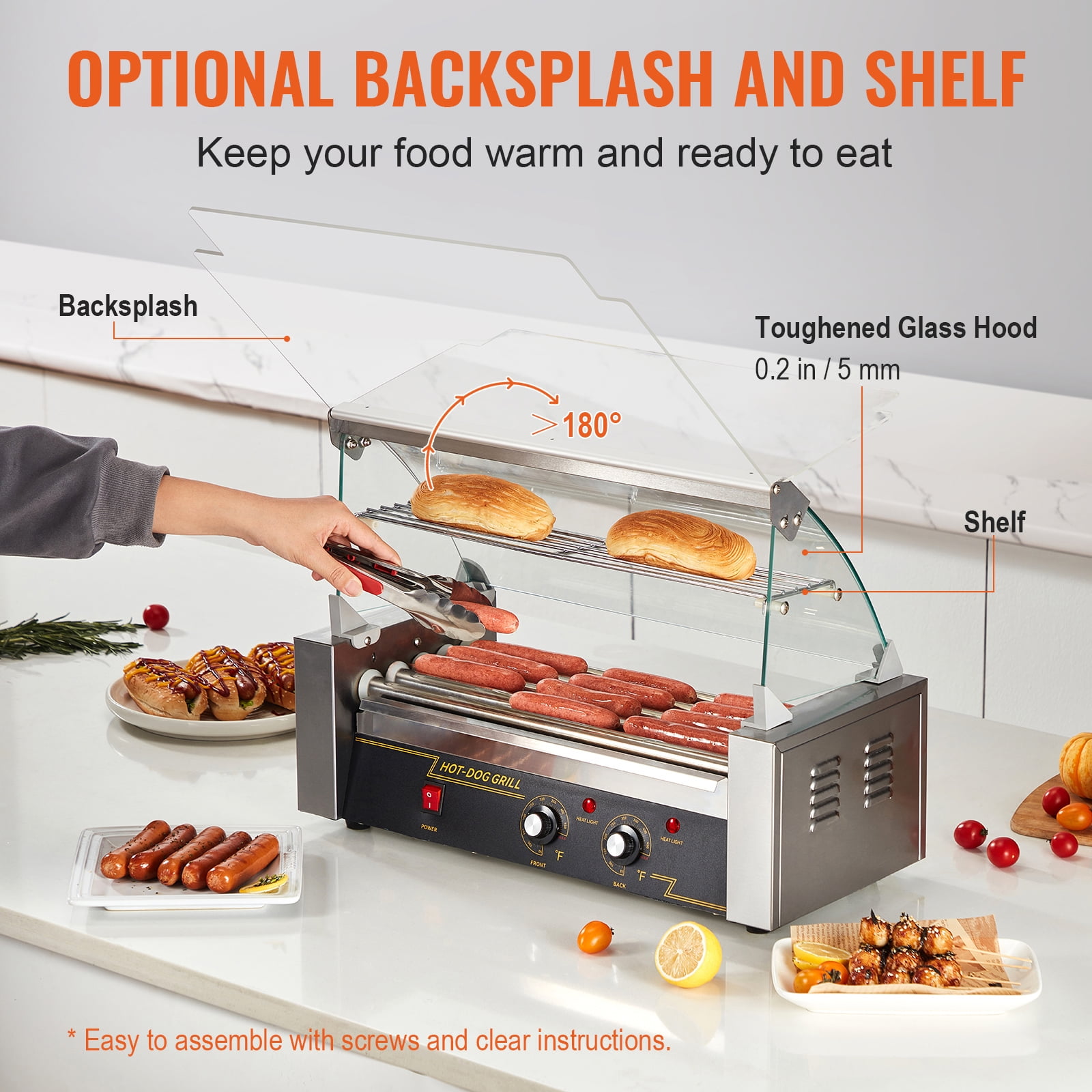 KFFKFF Commercial Hot Dog Roller Grill, Stainless Steel Sausage Grill Cooker Machine with 5 Rollers, for 12 Hot Dogs, 750W, Dual Temperature Control, Bun Warming Rack, Detachable Oil Drip Pan