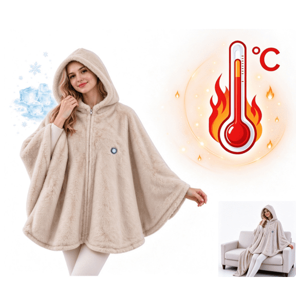 Heated Wearable Blanket, Battery Powered Heated Shawl with Hood, Cream