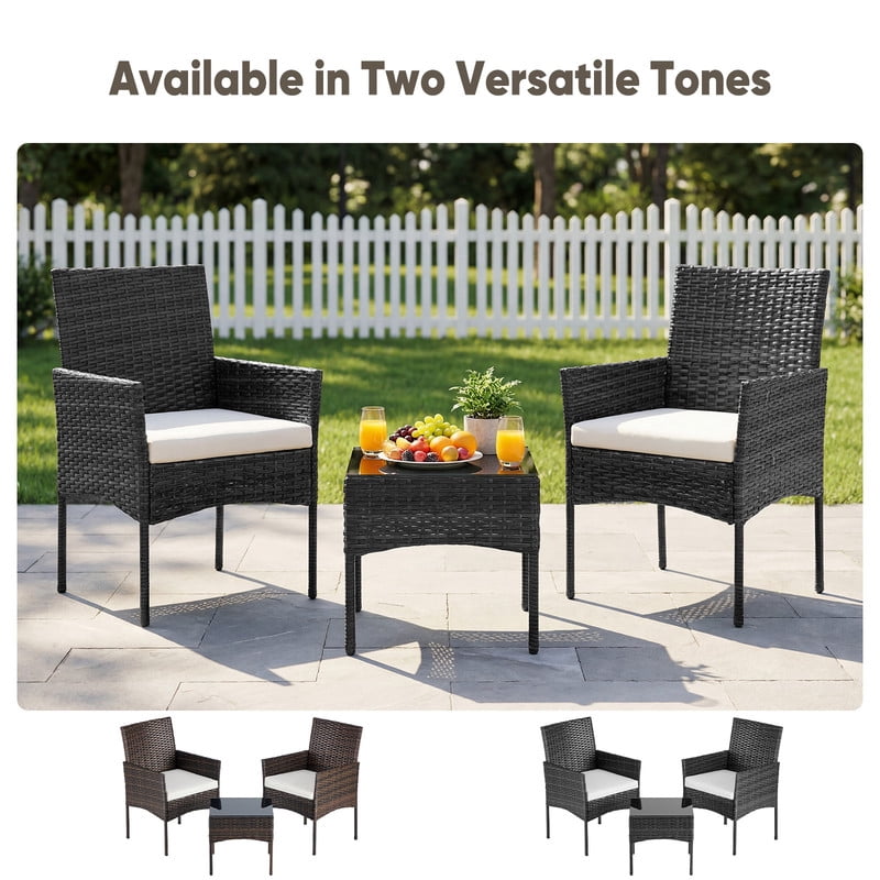 Gianna 3-Piece Patio Furniture Set, Outdoor Wicker Rattan Chairs with Removable Cushion & Glass Table, Conversation Furniture for Porch, Garden, Backyard, Poolside - Black(new style)