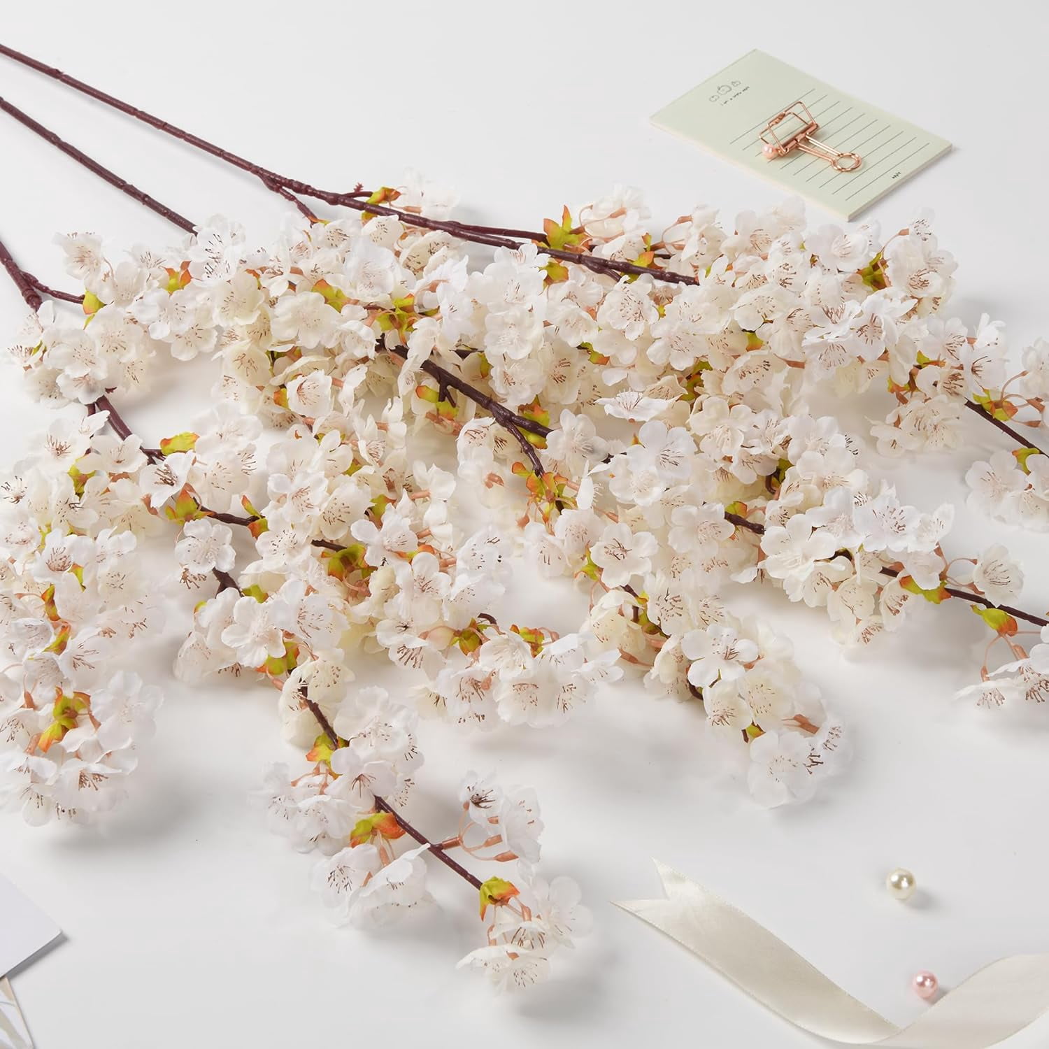Artificial Cherry Blossom Branches, Faux Fake Plum Flowers Real Touch Boutique Bulk for Home Wedding Office Decoration, 35”Long Stems for Tall Vase (3PCS, White)