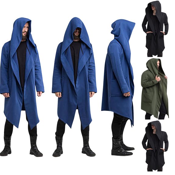 Juebong Mens Long Hooded Cardigan Long Sleeve Lightweight Wool Coat Open Front Drape Cape Loose Fall Cardigans Trench Coats Black,XL