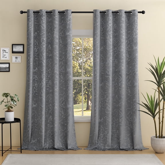 Mumo Luxury Gray Velvet Curtains with Gold Foil Print Shiny Geometric Line Pattern,Grommet Blackout Curtains for Living Room Bedroom,2 Panels,52"Γ63"