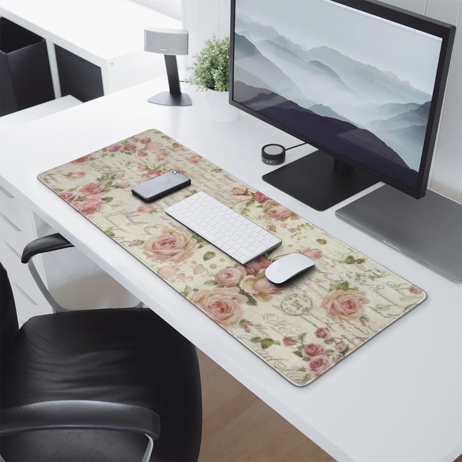 Long Mouse Pads for Desk,Pioneer Flower Floral Print Pattern Desk Mats on Top Of Desks, Desk Mouse Pad Extra Large with 3mm Non-Slip Base and Stitched Edge for Gaming,Office,Work,Home 31.5"x11.8"