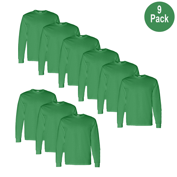 Gildan Heavy Cotton Long Sleeve T-Shirt for Men, Crew Neck Comfortable Tee, Irish Green, S, 9 Pack