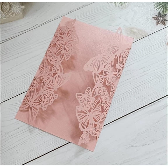 50PCS Romantic Premium Pink Butterfly Laser Cut Fold Wedding Invitation Card Sweet 15 Invites Jacket