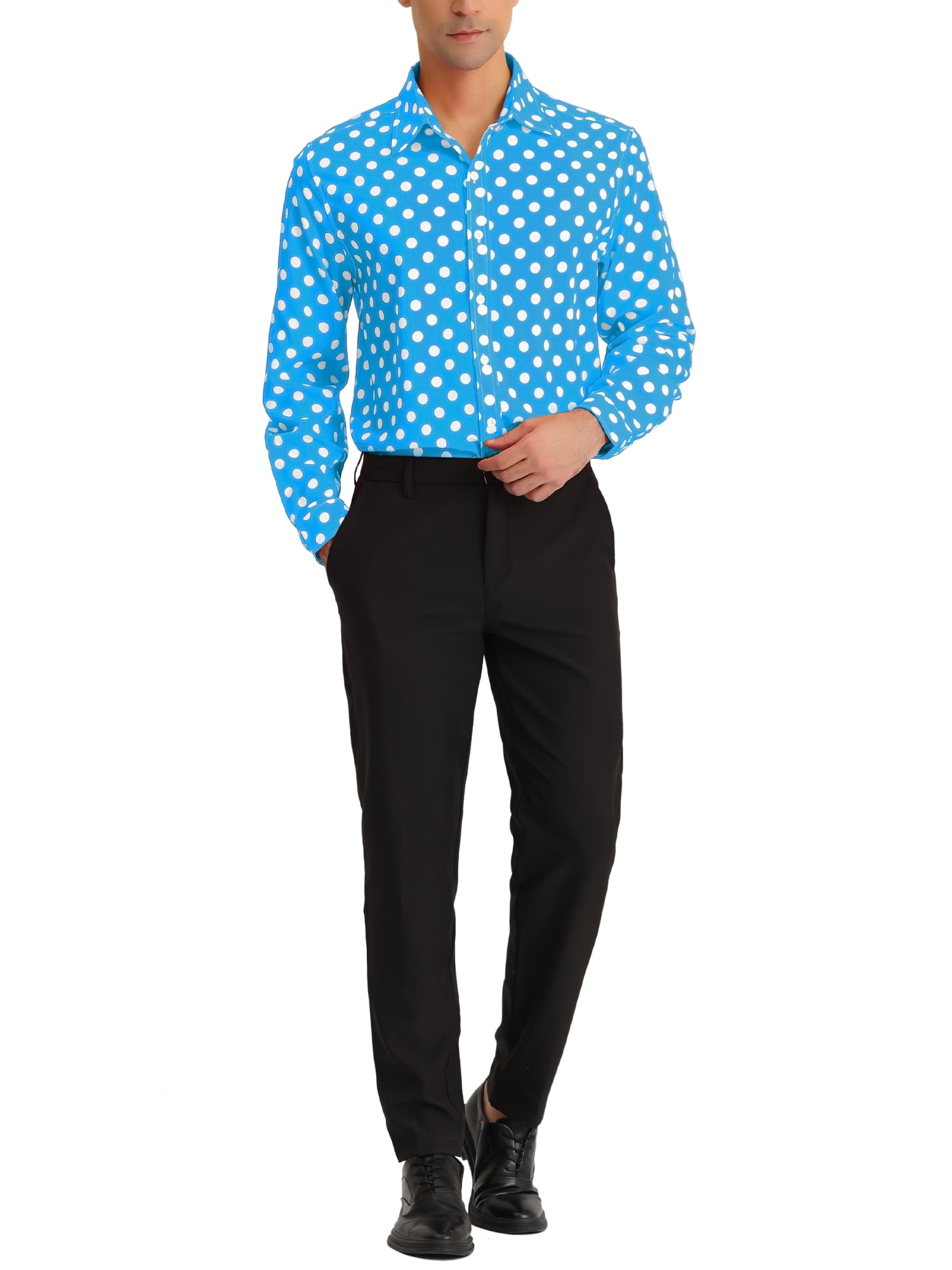 Unique Bargains Men's Polka Dots Print Dress Shirt Long Sleeves Casual Shirts XL Blue