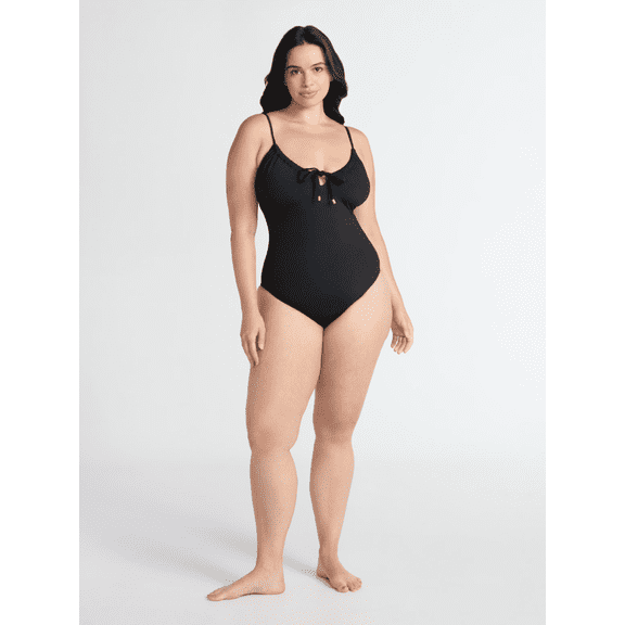 Time and Tru Women’s and Women’s Plus Tie Front One Piece Swimsuit, Sizes XS-2X