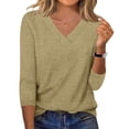 thumbnail image 2 of Oksale V Neck Tops for Women Stretch Cotton Spandex Long Sleeve Shirts Soft Cozy Fitted T ShirtsSolid Color Basic Tops Khaki 2XL, 2 of 8