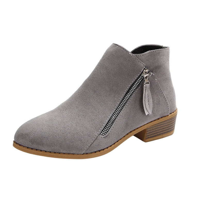 Womens Boots Low Heel Round Toe Ankle Short Boots with Side Zipper