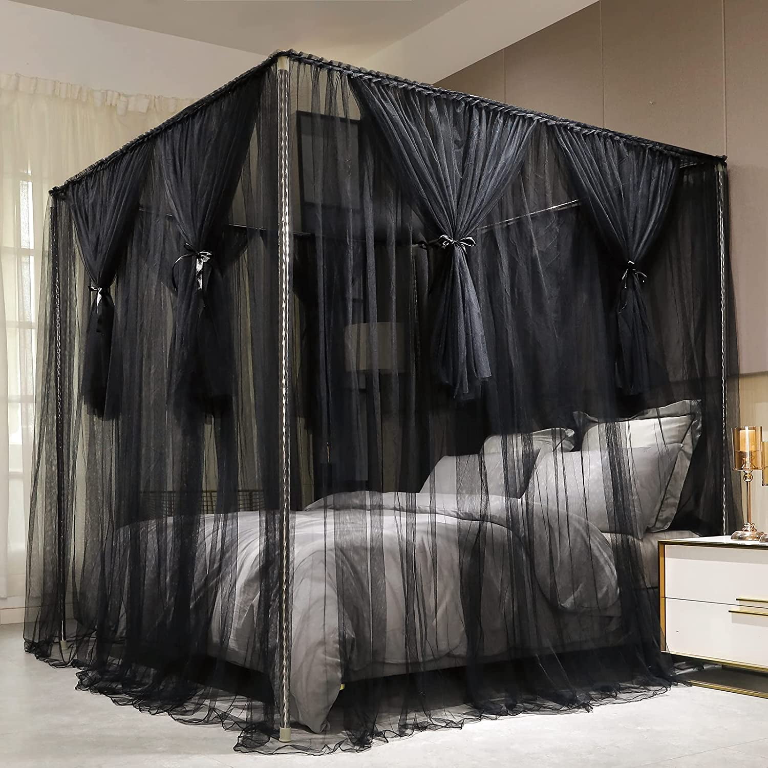 4 Corners Post Canopy Bed Curtain Black- Queen Size Royal Luxurious Cozy Drapes Netting- Elegant Bedroom Decoration Accessories for Adults
