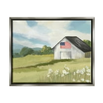 Stupell Industries American Flag on Barn Nature Painting Gray Floater Framed Art Print Wall Art, 21 x 17
