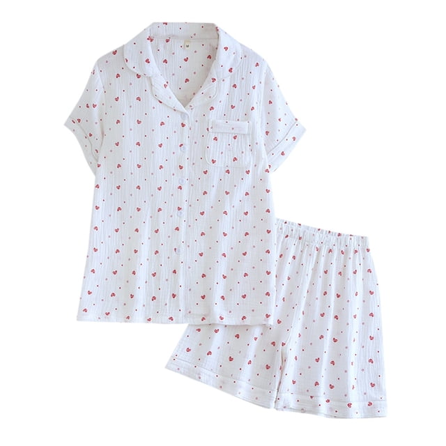 HNMKIU Ensemble de Pyjama pour Femmes Été Imprimé Fin Doux Col à Revers Manches Courtes Shorts Vêtements de Maison