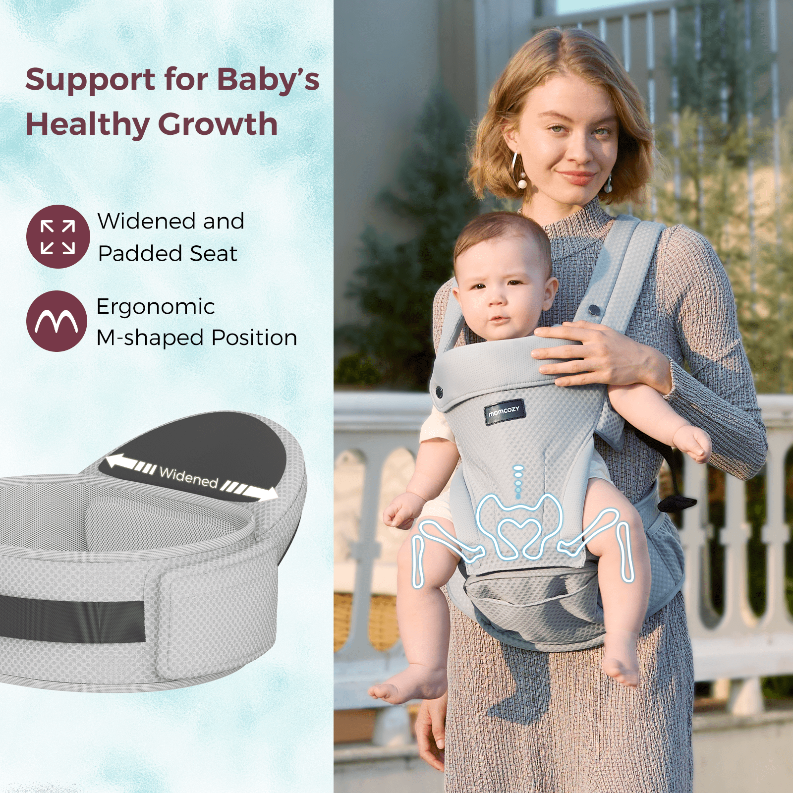 Momcozy Baby Carrier with Hip Seat, 2-in-1 Detachable Infant Hip Seat Carrier for Toddlers up to 44lbs. Breathable for Hands-Free Carrying. Fits Waist Sizes up to 47 Inches for Mom & Dad