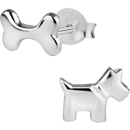 Hypoallergenic Sterling Silver Doggy Bone & Scotty Dog Mismatched Stud Earrings for Kids (Nickel