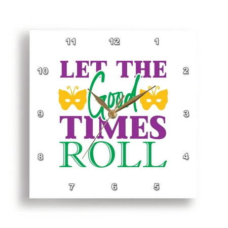 3dRose, Let the good times roll elegant Mardi Gras text, yellow masks gift, 15x15 Wall Clock