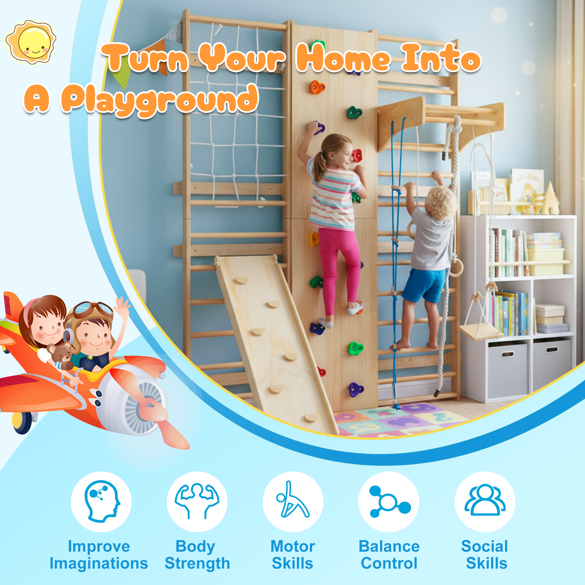 EUROCO 10-in-1 Wall-Mounted Wooden Playground Climbers, Indoor Jungle Gym for Kids, Ladder Wall Gym Set with Trapeze Swing, Rock Climbing Wall, Wooden Swings, Pull-up Bar and Rope Ladders
