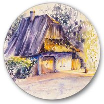 Designart 'Old Wooden White House In Country Side Village During Afternoon Glow' Traditional Circle Metal Wall Art 11x11 - Disc of 11