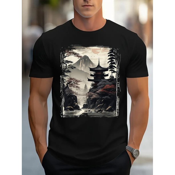 Men's Cotton T-Shirt - Japanese Temple Print, Short Sleeve, Round Neck, Black, Lightweight & Breathable for Summer, Casual Sporty Tee, Comfy Tee