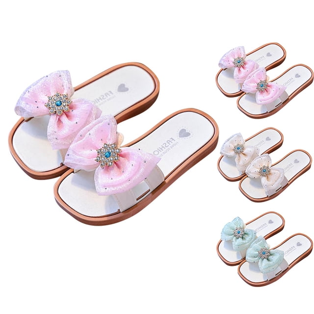 JDQJBZ Girl's Slippers Bow Rhinestone Slide Sandals Soft Sole Beach Flip Flops for Kids Summer