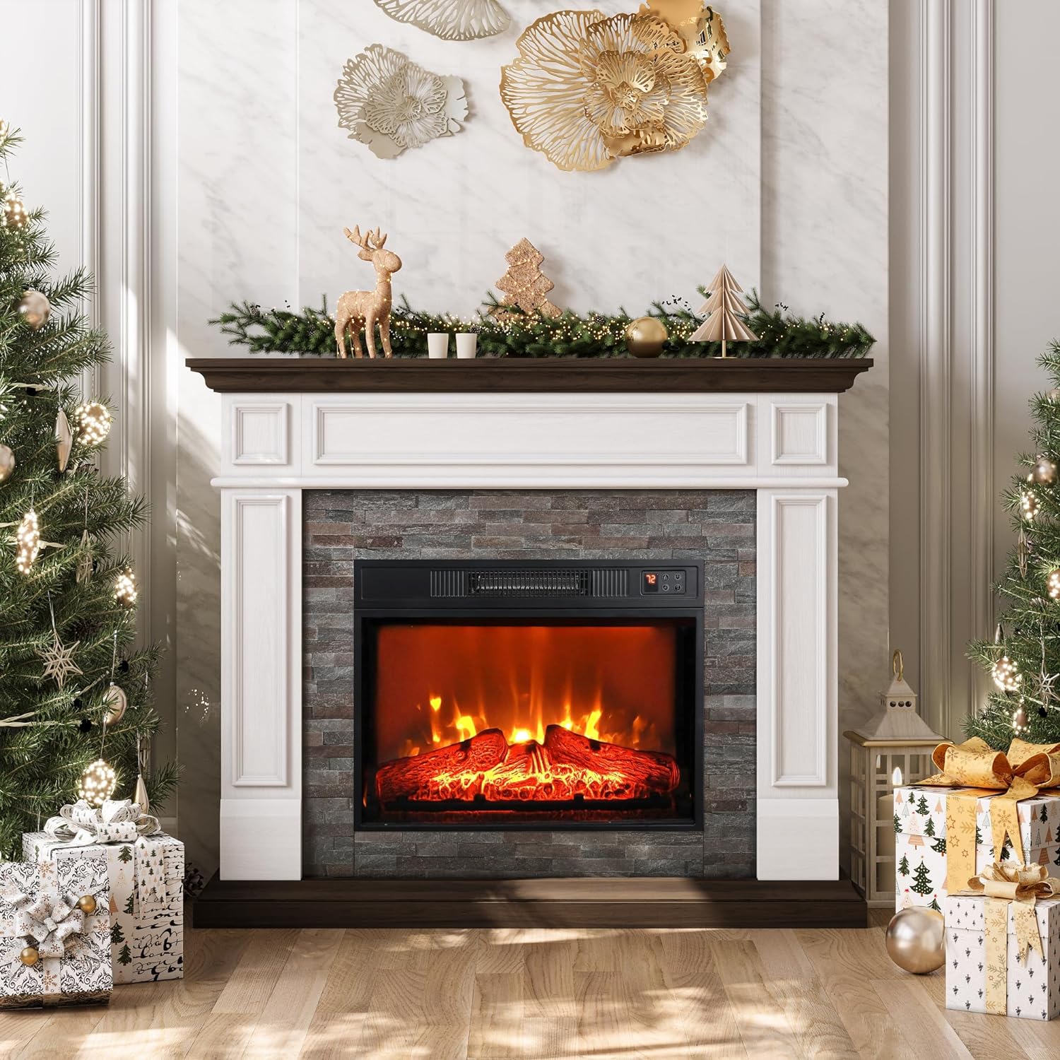 Holliwill Electric Fireplace Mantel, 44" Freestanding Fireplace Heater with Stacked Stone Surround Firebox, Infrared Quartz Heater with Adjustable Led Flame, 1400W, White Brown