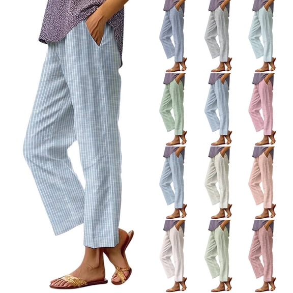 Linen Pants Women Elastic Waist Straight Leg Petite Beach Striped Pant Summer Casual Lounge Trousers Light Blue L