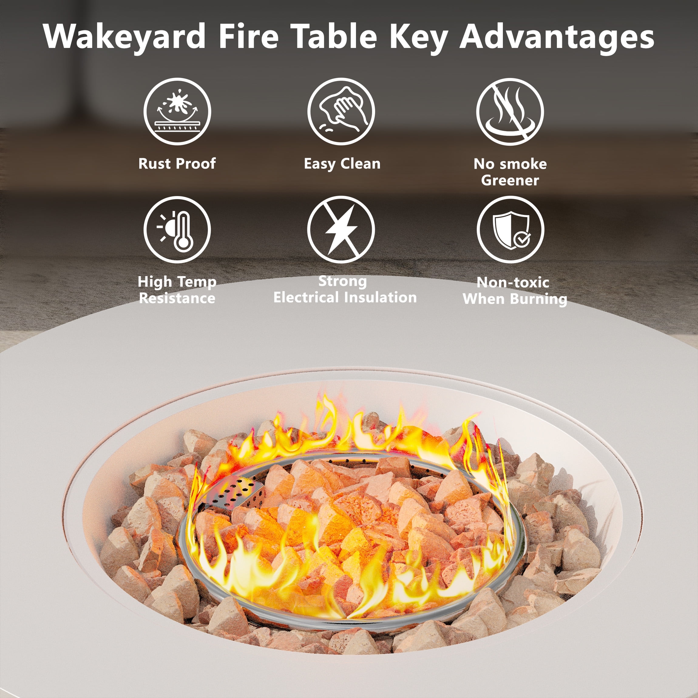 Wakeyard 32.5 inch Round Propane Fire Pit Table, 50000 BTU, Includes Lava Rock,White