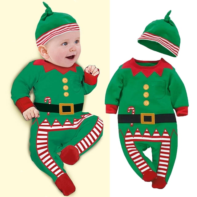 Conjunto de mono y gorro con disfraz de elfo navideño para bebés y niños pequeños, ropa navideña para bebés, primer atuendo navideño para bebés de 6 a 12 meses