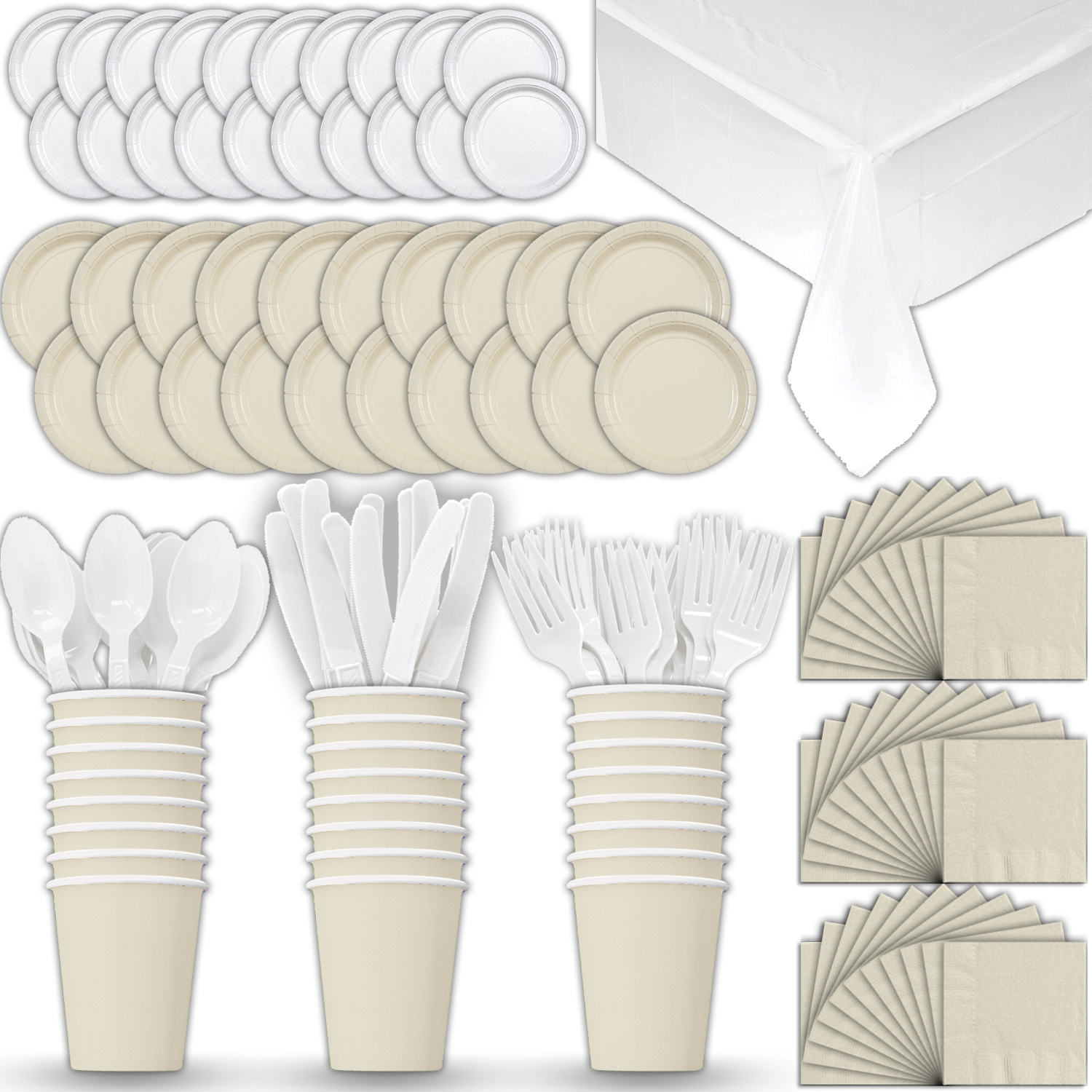 Paper Tableware Set for 24 Cream & White Dinner and Dessert Plates