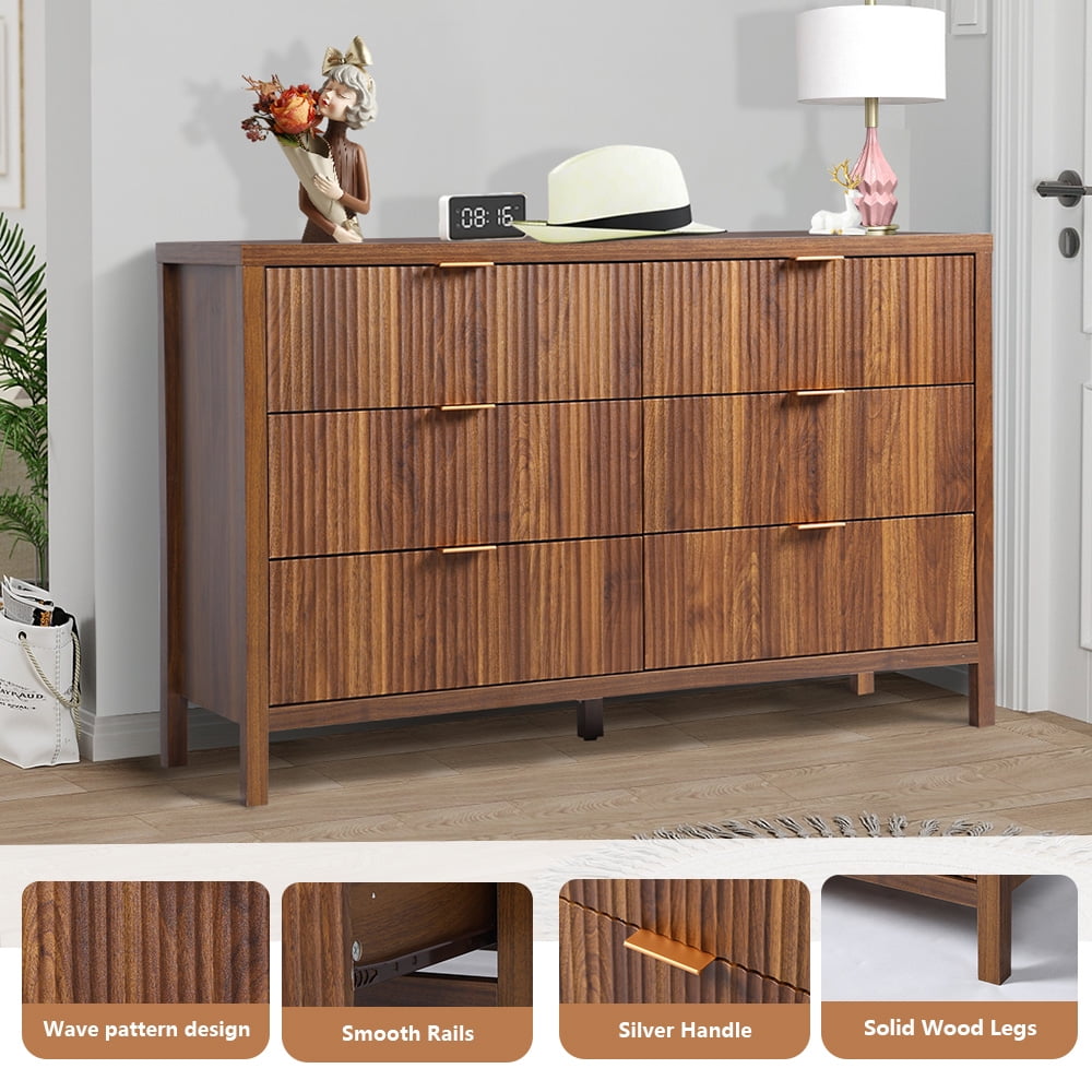 YOCWO Fluted 6 Drawer Dressers for Bedroom, 48" Wide Modern Chest of Drawer with 6 Big Drawers, Walnut