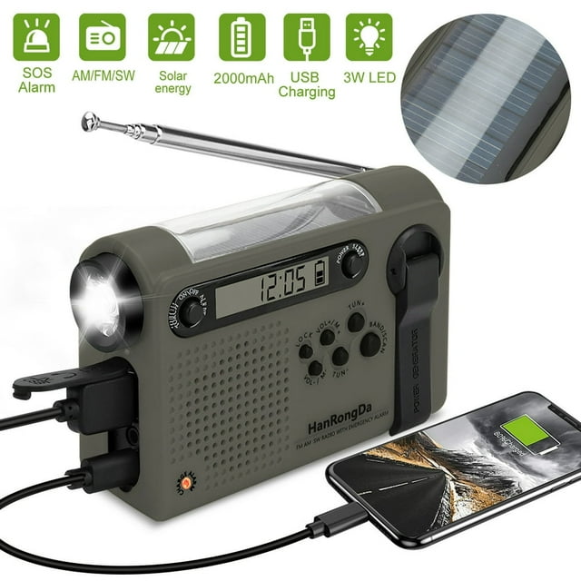 Radio Météo NOAA 2000mAh Solaire d'Urgence à Manivelle avec Alarme SOS Support FM/AM/WB